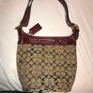Tan Coach shoulder bag w/Maroon strap